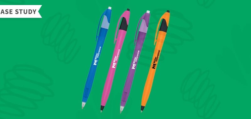 Graphic of pens with assorted colors featuring the Miller Insurance logo.