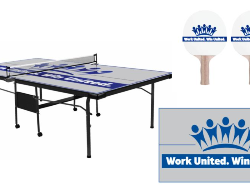 Graphic of a ping pong table and signage featuring the Work United. Win United. branding.
