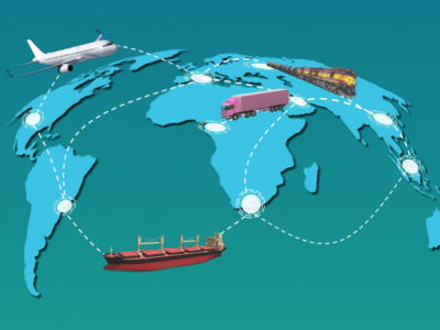 Graphic of a map of continents with various modes of transportation going from one place to another.